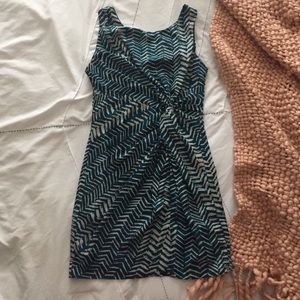 Blue Grey Geometric Chevron Knot Front Dress